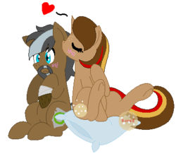 Size: 390x345 | Tagged: safe, artist:imborednstuff, oc, oc:cookie dough, oc:silver shore, pony, blushing, early pregnancy, heart, pillow, pregnant, shocked expression