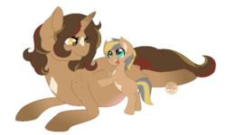 Size: 750x450 | Tagged: safe, artist:imborednstuff, oc, oc:cookie dough, oc:sure shot, pony, belly, colt, female, foal, hoof on belly, male, mare, mother and son, pregnant