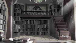 Size: 1366x768 | Tagged: safe, screencap, g4, my little pony: rainbow roadtrip, book, bookshelf, desaturated, discovery family logo, grayscale, library, liminal space, monochrome, no pony, railing, shelf, stairs, sunlight, table