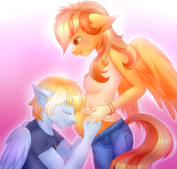 Size: 2300x2200 | Tagged: safe, artist:piiunivers, oc, oc only, oc:serenity, oc:white feather, pegasus, anthro, breasts, clothes, eyes closed, female, hands on belly, high res, male, pregnant, serenither, wings