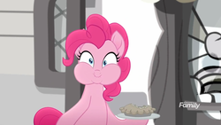 Size: 1366x768 | Tagged: safe, screencap, pinkie pie, earth pony, pony, g4, my little pony: rainbow roadtrip, desaturated, discovery family logo, female, food, grayscale, hope hollow, monochrome, pie, puffy cheeks, solo