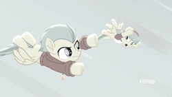 Size: 1366x768 | Tagged: safe, screencap, barley barrel, pickle barrel, pegasus, pony, g4, rainbow roadtrip, barrel twins, desaturated, discovery family logo, flying, grayscale, monochrome, siblings, sky, twins