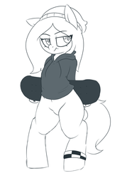Size: 2000x2800 | Tagged: safe, artist:notenoughapples, oc, oc only, oc:lonely light, earth pony, pony, beanie, clothes, hat, high res, hoodie, monochrome, pubic mound, skateboard, solo
