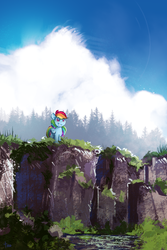 Size: 3200x4800 | Tagged: safe, artist:thefloatingtree, rainbow dash, pegasus, pony, g4, atg 2019, cliff, cloud, female, forest, grin, mare, newbie artist training grounds, scenery, sky, smiling, solo