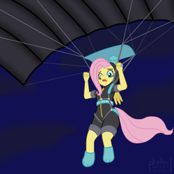 Size: 1000x1000 | Tagged: safe, artist:phallen1, fluttershy, anthro, g4, atg 2019, bunny ears, clothes, costume, dangerous mission outfit, female, hoodie, newbie artist training grounds, night, parachute, skydiving, solo