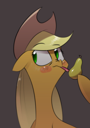 Size: 2480x3508 | Tagged: safe, artist:underpable, applejack, earth pony, pony, g4, atg 2019, bust, cowboy hat, dishonorapple, female, floppy ears, food, freckles, hat, high res, licking, mare, newbie artist training grounds, pear, portrait, solo, stetson, tongue out
