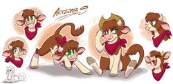 Size: 1972x960 | Tagged: safe, artist:thedoggygal, arizona (tfh), cow, them's fightin' herds, bandana, cloven hooves, community related, cowboy hat, eyes closed, female, hat, looking at you, no pupils, open mouth, sitting, smiling, solo