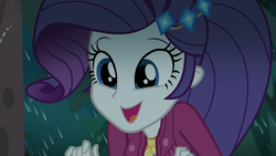 Size: 1912x1080 | Tagged: safe, screencap, rarity, equestria girls, equestria girls series, g4, inclement leather, spoiler:choose your own ending (season 2), spoiler:eqg series (season 2), beautiful, clothes, cute, female, happy, inclement leather: twilight sparkle, jacket, outdoors, rain, raribetes, smiling, solo, suede jacket