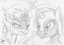 Size: 6931x4896 | Tagged: safe, artist:fladdrarblyg, daybreaker, nightmare moon, pony, a royal problem, g4, absurd file size, absurd resolution, crossed horns, faceoff, grayscale, horn, monochrome, snarling, traditional art