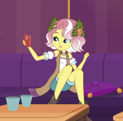 Size: 1098x1080 | Tagged: safe, edit, edited screencap, screencap, vignette valencia, equestria girls, equestria girls series, g4, inclement leather, spoiler:choose your own ending (season 2), spoiler:eqg series (season 2), beauty mark, cellphone, couch, cropped, cup, female, flower, flower in hair, holly, inclement leather: vignette valencia, legs, looking at camera, phone, pillow, pose, smartphone, solo focus, table