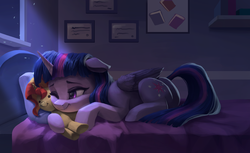 Size: 4000x2450 | Tagged: safe, artist:vanillaghosties, twilight sparkle, alicorn, pony, g4, atg 2019, bed, bedroom, crush plush, cute, female, implied lesbian, implied shipping, implied sunset shimmer, implied sunsetsparkle, mare, moonlight, newbie artist training grounds, night, one eye closed, plushie, sneaky, solo, toy, twiabetes, twilight sparkle (alicorn), window
