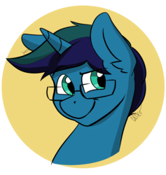 Size: 1280x1351 | Tagged: safe, artist:cadetredshirt, oc, oc only, oc:arioso, pony, unicorn, blue coat, bust, cel shading, circle, digital, digital art, ear fluff, glasses, green eyes, icon, male, simple background, smiling, smirk, solo, stallion, two toned hair, yellow background