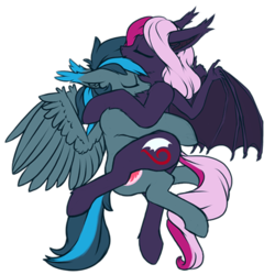 Size: 512x512 | Tagged: safe, artist:phenya, oc, oc only, oc:lilac mist, oc:rosy firefly, bat pony, pegasus, pony, cuddling, hug, simple background, sleeping, transparent background