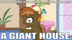 Size: 639x359 | Tagged: safe, artist:jan, edit, edited screencap, editor:undeadponysoldier, screencap, button mash, earth pony, pony, button's adventures, g4, button's hat, caption, colt, flower, hat, image macro, looking at you, male, meme, nathaniel bandy, open mouth, plant, potted plant, propeller hat, raised hoof, talking to viewer, text, vase