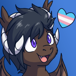 Size: 500x500 | Tagged: safe, artist:fizzy-dog, oc, oc only, oc:onyx quill, dracony, hybrid, kirin, blue background, horns, icon, pride, pride flag, ram horns, simple background, solo, transgender pride flag, wings