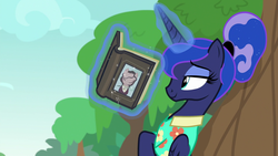 Size: 1920x1080 | Tagged: safe, screencap, princess luna, alicorn, pony, between dark and dawn, g4, book, clothes, cloud, female, hawaiian shirt, leaning, luna's book, magic, mare, read a book, reading, relaxing, shirt, smiling, solo, tree