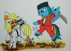 Size: 3314x2368 | Tagged: safe, artist:boyoxhot, applejack, rainbow dash, earth pony, pegasus, pony, g4, axe, bipedal, crossover, dirty, female, high res, indonesia, jumping, machete, mare, mud, si pitung, weapon, wiro sableng