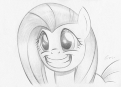 Size: 6392x4568 | Tagged: safe, artist:fladdrarblyg, fluttershy, pony, g4, female, grin, monochrome, smiling, smiling at you, solo, squee, traditional art