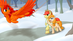 Size: 1280x720 | Tagged: safe, artist:mythpony, bright mac, pear butter, oc, oc:goldenfox, pegasus, pony, g4, clothes, female, flying, male, scarf, ship:brightbutter, shipping, snow, stallion, straight