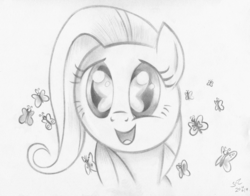 Size: 6216x4872 | Tagged: safe, artist:fladdrarblyg, fluttershy, butterfly, pegasus, pony, g4, amazed, bust, eye reflection, female, filly, filly fluttershy, front view, full face view, monochrome, open mouth, reflection, smiling, so many wonders, solo, traditional art, younger