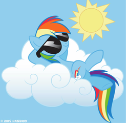Size: 609x589 | Tagged: safe, rainbow dash, pegasus, pony, g4, official, cloud, copyright, facebook, female, lying down, lying on a cloud, on a cloud, rainbow dash month, solo, stock vector, sun, sunglasses