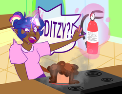 Size: 1280x986 | Tagged: safe, artist:cubbybatdoodles, twilight sparkle, human, g4, baking, cake, clothes, cooking, dark skin, female, fire extinguisher, food, horn, horned humanization, humanized, implied derpy, implied lesbian, implied twerpy, kitchen, refrigerator, shirt, solo, stove