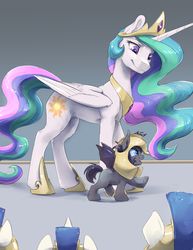 Size: 1275x1650 | Tagged: safe, artist:silfoe, princess celestia, oc, oc:killik, alicorn, bat pony, pony, g4, armor, bat pony oc, commission, cute, duo focus, ethereal mane, fangs, female, filly, foal, gray background, jewelry, mare, momlestia fuel, offscreen character, open mouth, regalia, royal guard, royal guard armor, silfoe is trying to murder us, simple background, smiling
