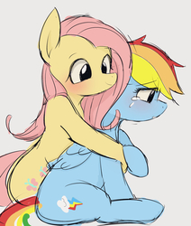 Size: 1735x2048 | Tagged: safe, artist:manachaaaaaaaa, fluttershy, rainbow dash, pegasus, pony, g4, blushing, crying, duo, female, hug, mare, sitting