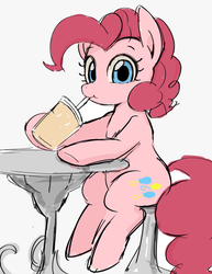 Size: 937x1216 | Tagged: safe, artist:manachaaaaaaaa, pinkie pie, earth pony, pony, g4, cute, diapinkes, drinking, female, gray background, looking at you, mare, pixiv, seat, simple background, sitting, solo, straw, table