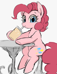 Size: 937x1216 | Tagged: safe, artist:manachaaaaaaaa, pinkie pie, earth pony, pony, g4, cute, diapinkes, drinking, female, gray background, looking at you, mare, seat, simple background, sitting, solo, straw, table