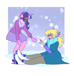 Size: 1280x1310 | Tagged: safe, artist:cubbybatdoodles, derpy hooves, twilight sparkle, human, g4, clothes, dark skin, earmuffs, horn, horned humanization, humanized, ice skating, pantyhose, scarf, skating, skirt, wing ears