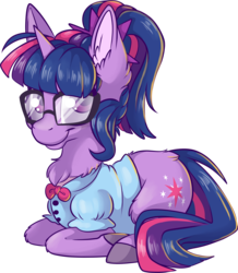 Size: 3128x3588 | Tagged: safe, artist:cutepencilcase, sci-twi, twilight sparkle, pony, unicorn, g4, chest fluff, clothes, cute, ear fluff, equestria girls outfit, equestria girls ponified, female, glasses, high res, ponyloaf, prone, simple background, transparent background, unicorn sci-twi