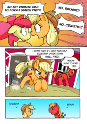 Size: 1201x1700 | Tagged: safe, artist:tarkron, apple bloom, applejack, big macintosh, earth pony, pony, comic:ghosts of the past, g4, apple siblings, comic, dialogue, female, filly, implied princess celestia, implied rainbow dash, implied twilight sparkle, male, mare, running, shout, stallion, sweet apple acres, sweet apple acres barn