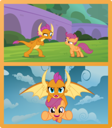 Size: 2058x2365 | Tagged: safe, artist:phucknuckl, scootaloo, smolder, pony, g4, cute, friendship, high res, holding a pony, i can't believe it's not hasbro studios, orange, scootaloo can fly, scootalove, show accurate, similarities, sky, wholesome