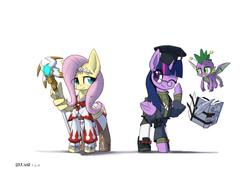 Size: 2000x1414 | Tagged: safe, artist:satv12, fluttershy, spike, twilight sparkle, alicorn, dragon, pegasus, pony, g4, book, female, final fantasy, final fantasy xiv, mare, scholar, signature, simple background, twilight sparkle (alicorn), white background, white mage, winged spike, wings