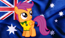 Size: 1000x583 | Tagged: safe, vector edit, scootaloo, pegasus, pony, wallaby, g4, the last crusade, 1000 hours in ms paint, australia, australian, australian flag, clothes, female, flag, fly-half, poor quality, rugby, solo