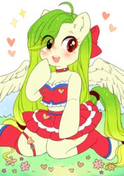 Size: 1200x1697 | Tagged: safe, artist:sspicytuna, oc, oc only, oc:lemony light, pegasus, anthro, unguligrade anthro, anthro oc, arm hooves, blushing, bow, breasts, choker, cleavage, clothes, collar, cute, female, hair bow, heart, kneeling, leg warmers, mare, midriff, miniskirt, moe, ocbetes, open mouth, pleated skirt, skirt, smiling, socks, solo