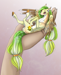 Size: 1200x1479 | Tagged: safe, artist:tri-edge, oc, oc only, oc:lemony light, pegasus, pony, butt fluff, chest fluff, female, hand, in goliath's palm, mare, micro, offscreen character, offscreen human, pale belly, solo, unshorn fetlocks