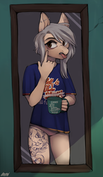Size: 1400x2400 | Tagged: safe, artist:varllai, oc, oc only, oc:varllai, anthro, clothes, cup, mirror, morning, panties, shirt, solo, t-shirt, tattoo, underwear