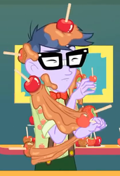 Size: 413x604 | Tagged: safe, screencap, micro chips, equestria girls, equestria girls specials, g4, my little pony equestria girls: better together, my little pony equestria girls: rollercoaster of friendship, apple, clothes, cropped, eyes closed, food, glasses, male, solo
