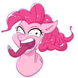 Size: 3600x3600 | Tagged: safe, artist:yinglung, pinkie pie, earth pony, pony, g4, rainbow roadtrip, bloodshot eyes, crazy face, drool, faic, female, high res, mare, simple background, solo, teeth, terrorize, tongue out, transparent background