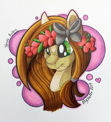 Size: 1858x2048 | Tagged: safe, artist:mychelle, oc, oc only, oc:tenya ruby, pony, bust, female, floral head wreath, flower, mare, portrait, solo, traditional art