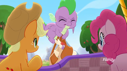 Size: 1280x720 | Tagged: safe, screencap, applejack, pinkie pie, spike, dragon, earth pony, pony, g4, rainbow roadtrip, applejack's hat, backpack, cowboy hat, discovery family logo, eyes closed, female, hat, male, mare, winged spike, wings