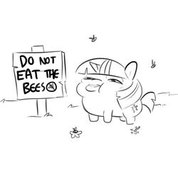 Size: 1152x1152 | Tagged: safe, artist:tjpones, twilight sparkle, bee, pony, unicorn, g4, bee sting, do not eat, female, mare, monochrome, not salmon, sign, spicy sky raisins, swollen, this ended in pain, too dumb to live, twiggie, unicorn twilight, warning sign, wat, why