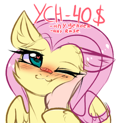 Size: 2696x2836 | Tagged: safe, artist:pesty_skillengton, fluttershy, oc, human, pegasus, pony, g4, ;3, advertisement, blushing, commission, cute, daaaaaaaaaaaw, hand, hand on cheek, heart eyes, high res, human on pony petting, offscreen character, offscreen human, one eye closed, petting, shyabetes, weapons-grade cute, wingding eyes, ych example, your character here