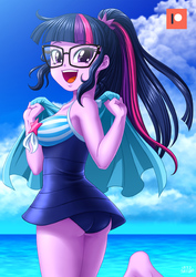 Size: 707x1000 | Tagged: safe, artist:uotapo, sci-twi, twilight sparkle, equestria girls, equestria girls series, adorasexy, ass, barefoot, butt, clothes, cute, feet, female, glasses, happy, looking at you, one-piece swimsuit, open mouth, ponytail, sci-twi swimsuit, sci-twibutt, sexy, smiling, soles, solo, swimsuit, towel, twiabetes, twibutt