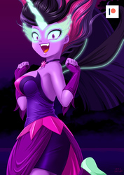 Size: 707x1000 | Tagged: safe, artist:uotapo, sci-twi, twilight sparkle, human, equestria girls, g4, my little pony equestria girls: friendship games, bare shoulders, breasts, choker, clothes, dress, fangs, female, gloves, glowing horn, horn, jewelry, looking at you, midnight sparkle, necklace, open mouth, patreon, patreon logo, solo
