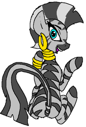 Size: 355x523 | Tagged: safe, artist:vinny van yiffy, zecora, pony, zebra, g4, bracelet, dock, ear piercing, earring, female, jewelry, lidded eyes, looking at you, looking back, looking back at you, mare, neck rings, open mouth, piercing, prone, quadrupedal, raised tail, simple background, smiling, solo, tail, white background