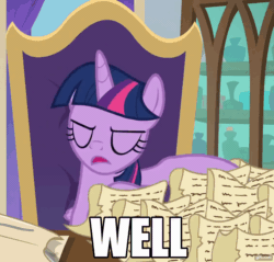Size: 1130x1080 | Tagged: safe, edit, edited screencap, screencap, twilight sparkle, alicorn, pony, g4, season 9, the beginning of the end, animated, bad mood, caption, chair, cropped, excuse me, female, floppy ears, gif, gifs.com, image macro, office, paper, solo, table, text, the legend of zelda, twilight sparkle (alicorn), twilighting, well excuse me princess