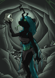 Size: 631x879 | Tagged: safe, artist:sinrar, queen chrysalis, changeling, changeling queen, anthro, g4, cave, female, mask, solo